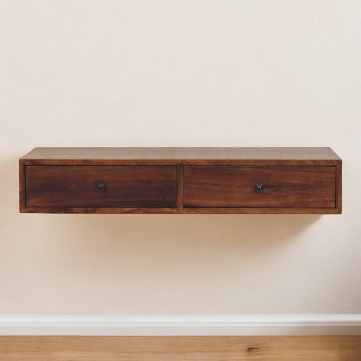 Consolle Sospesa in Mango Massello Finitura Castagno con 2 Cassetti e Pomoli — Linea Sottile