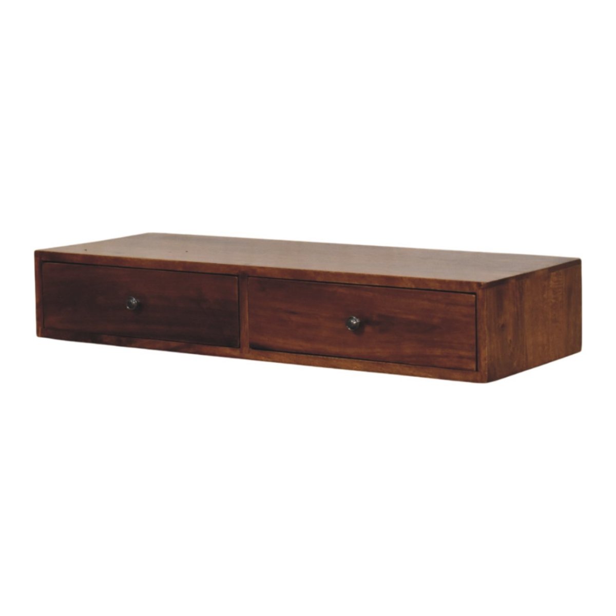 Consolle Sospesa in Mango Massello Finitura Castagno con 2 Cassetti e Pomoli — Linea Sottile