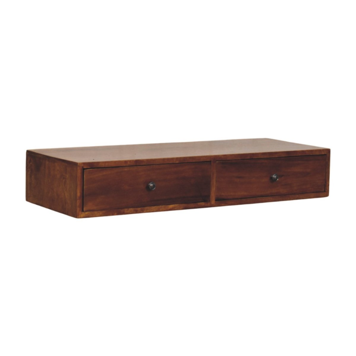 Consolle Sospesa in Mango Massello Finitura Castagno con 2 Cassetti e Pomoli — Linea Sottile
