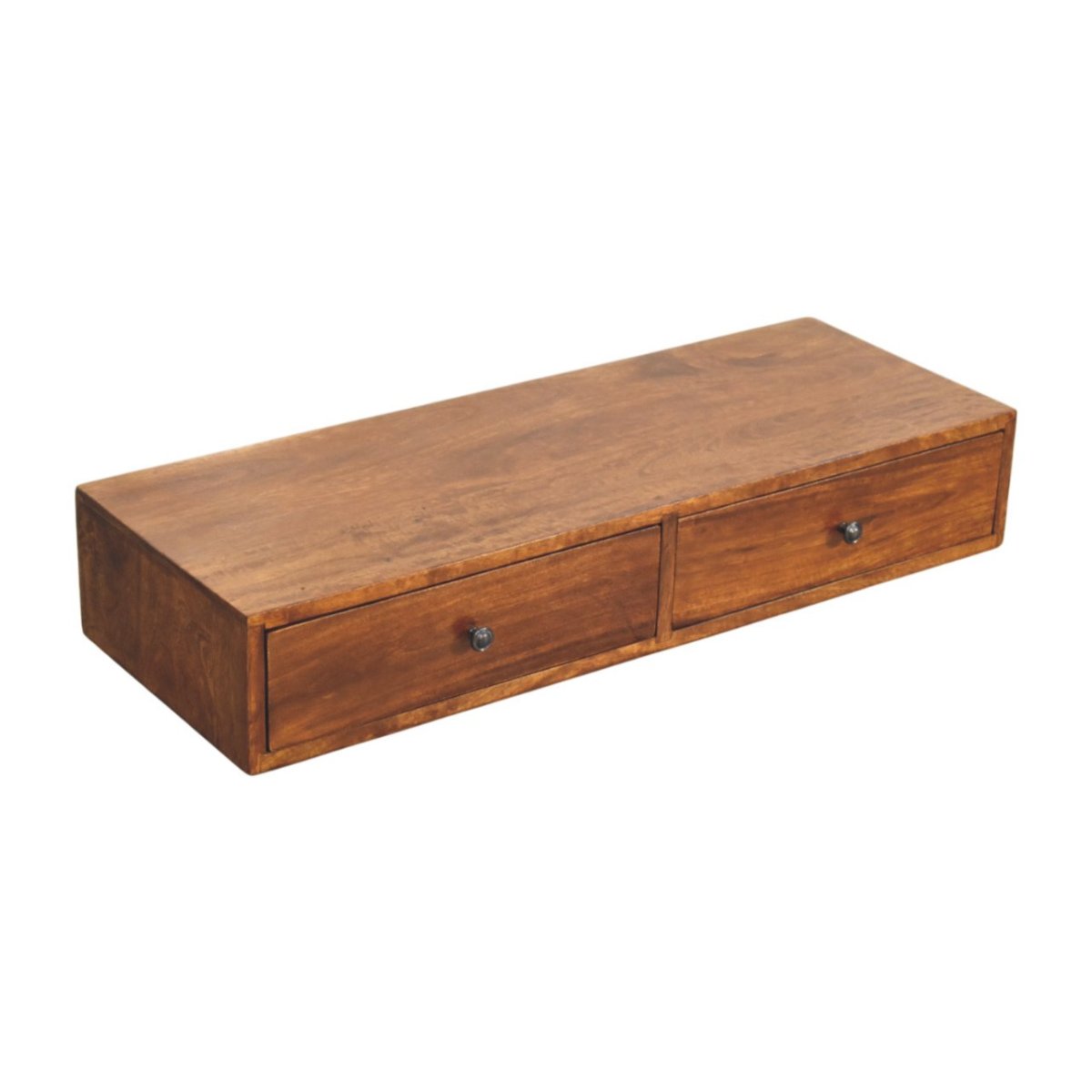 Consolle Sospesa in Mango Massello Finitura Castagno con 2 Cassetti e Pomoli — Linea Sottile