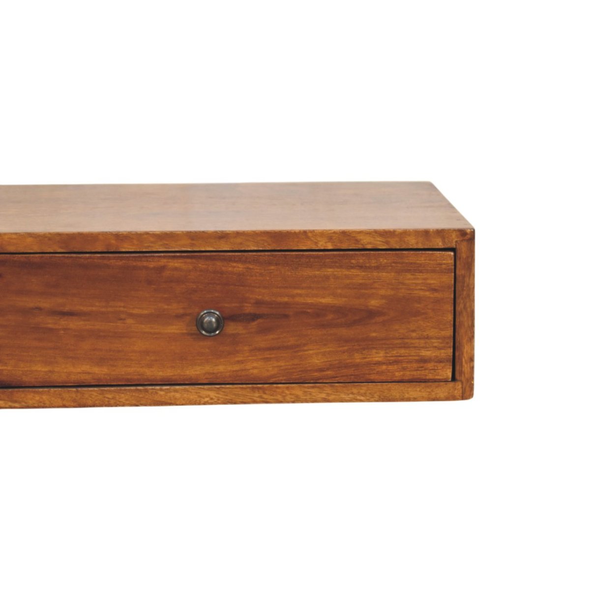 Consolle Sospesa in Mango Massello Finitura Castagno con 2 Cassetti e Pomoli — Linea Sottile