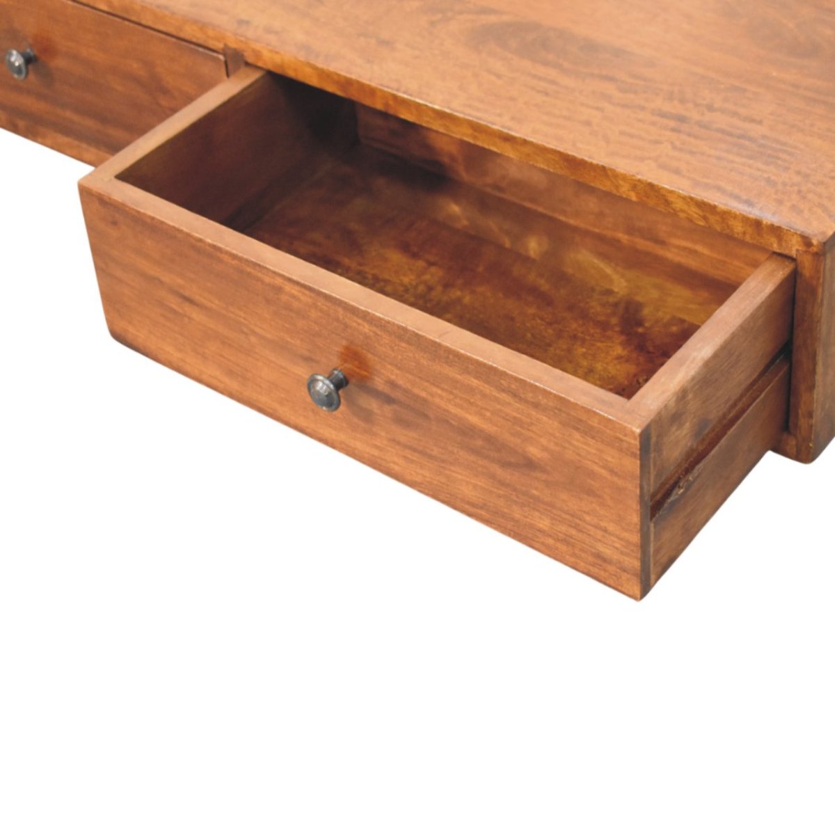 Consolle Sospesa in Mango Massello Finitura Castagno con 2 Cassetti e Pomoli — Linea Sottile