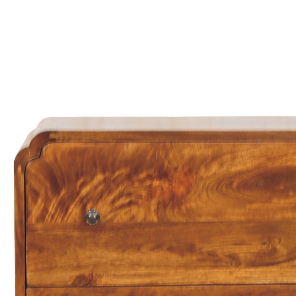 Cassettiera in Mango Massello Finitura Castagno con 3 Cassetti, Pomoli in Ottone e Base Smerlata