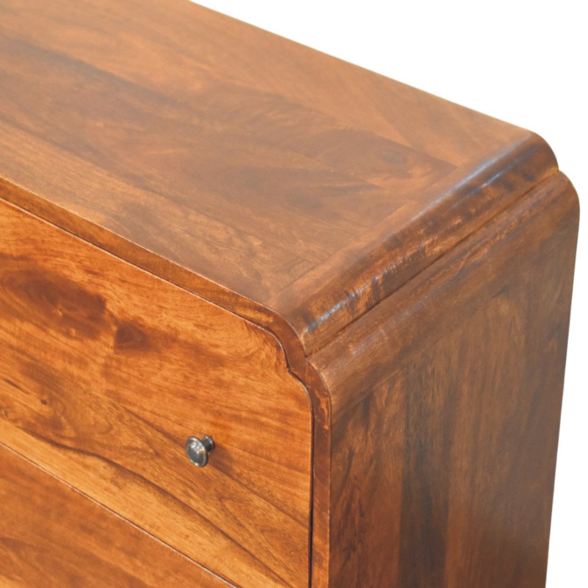 Cassettiera in Mango Massello Finitura Castagno con 3 Cassetti, Pomoli in Ottone e Base Smerlata