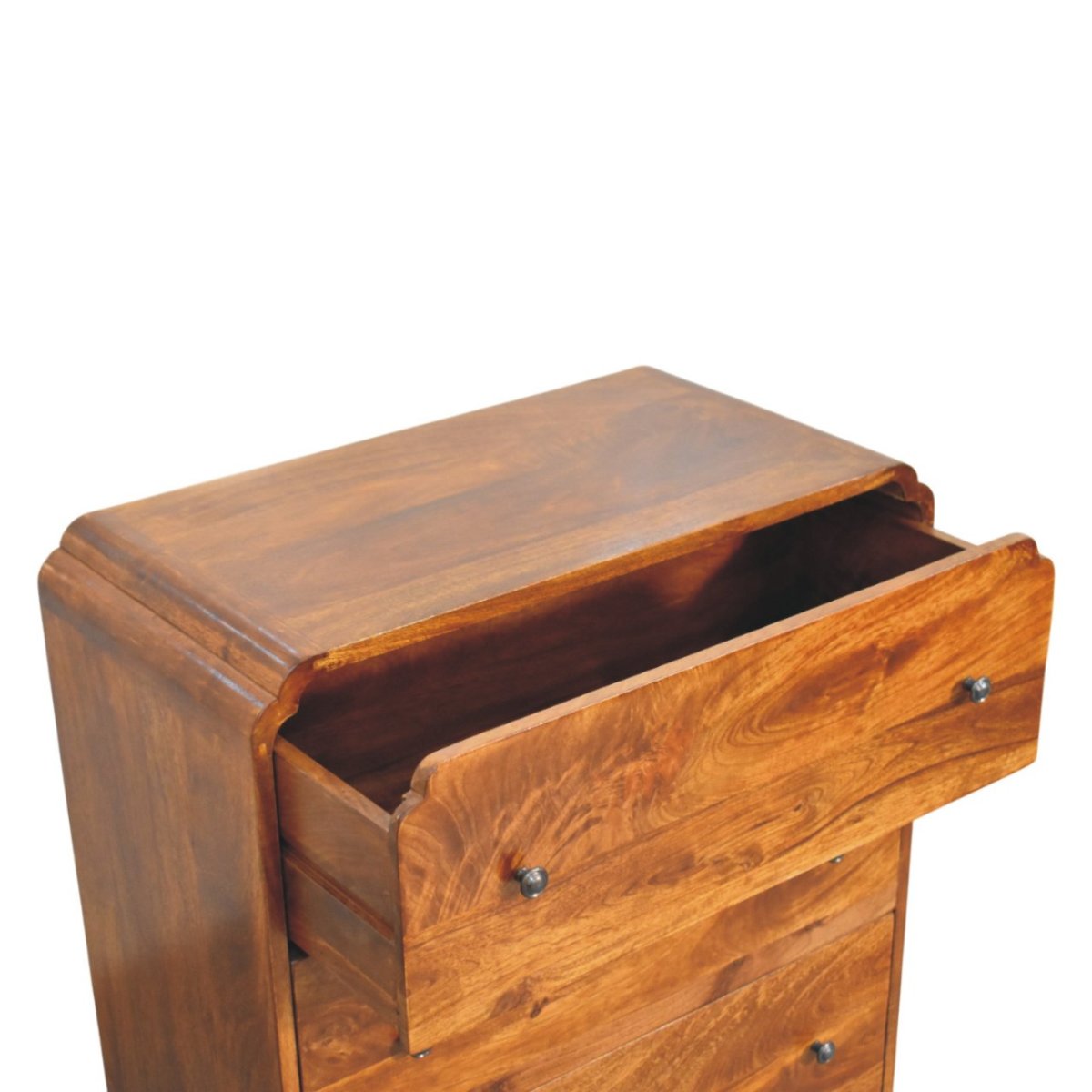 Cassettiera in Mango Massello Finitura Castagno con 3 Cassetti, Pomoli in Ottone e Base Smerlata