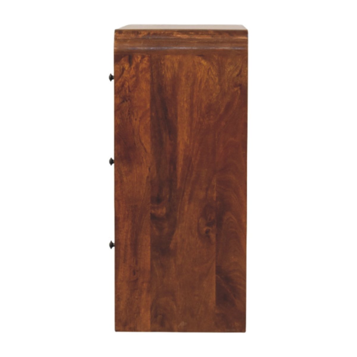 Cassettiera in Mango Massello Finitura Castagno con 3 Cassetti, Pomoli in Ottone e Base Smerlata