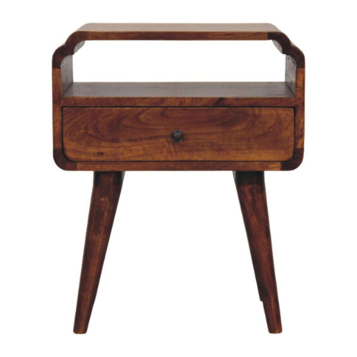 Comodino in Mango Massello Finitura Castagno con Cassetto, Ripiano e Pomolo in Ottone Reale