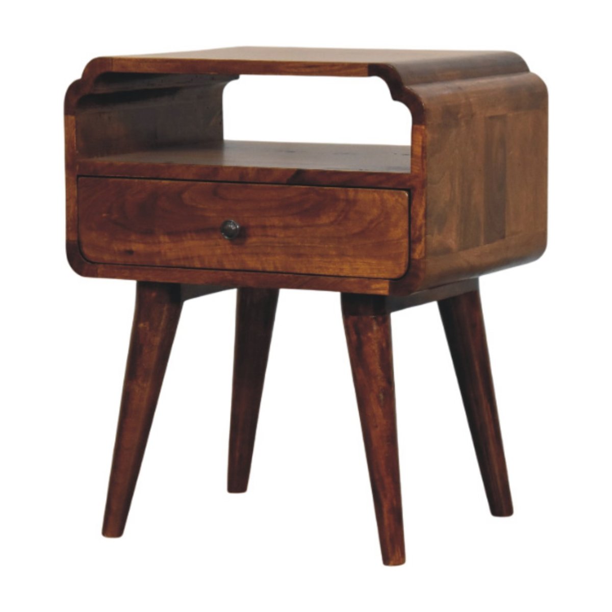 Comodino in Mango Massello Finitura Castagno con Cassetto, Ripiano e Pomolo in Ottone Reale
