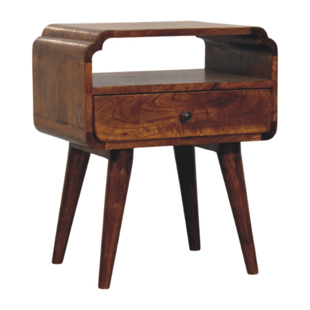 Comodino in Mango Massello Finitura Castagno con Cassetto, Ripiano e Pomolo in Ottone Reale