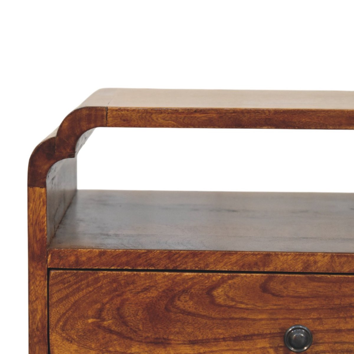 Comodino in Mango Massello Finitura Castagno con Cassetto, Ripiano e Pomolo in Ottone Reale