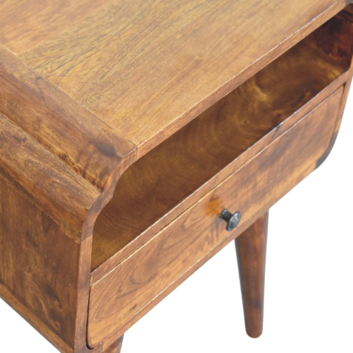 Comodino in Mango Massello Finitura Castagno con Cassetto, Ripiano e Pomolo in Ottone Reale