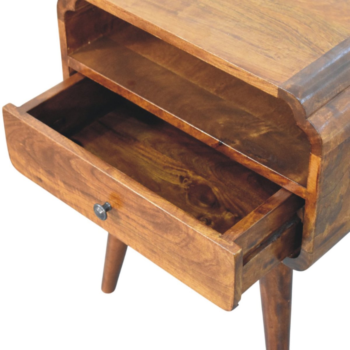 Comodino in Mango Massello Finitura Castagno con Cassetto, Ripiano e Pomolo in Ottone Reale