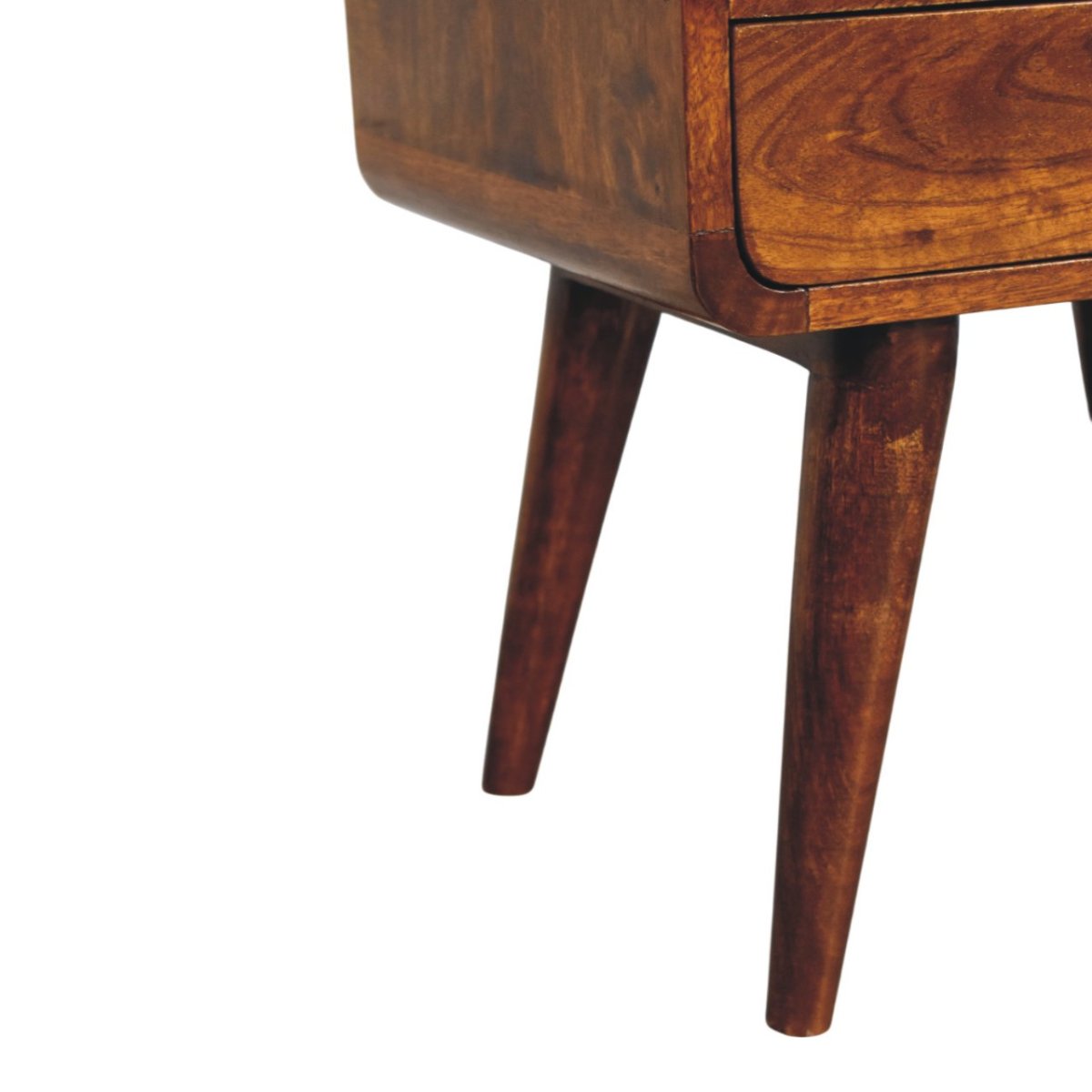 Comodino in Mango Massello Finitura Castagno con Cassetto, Ripiano e Pomolo in Ottone Reale