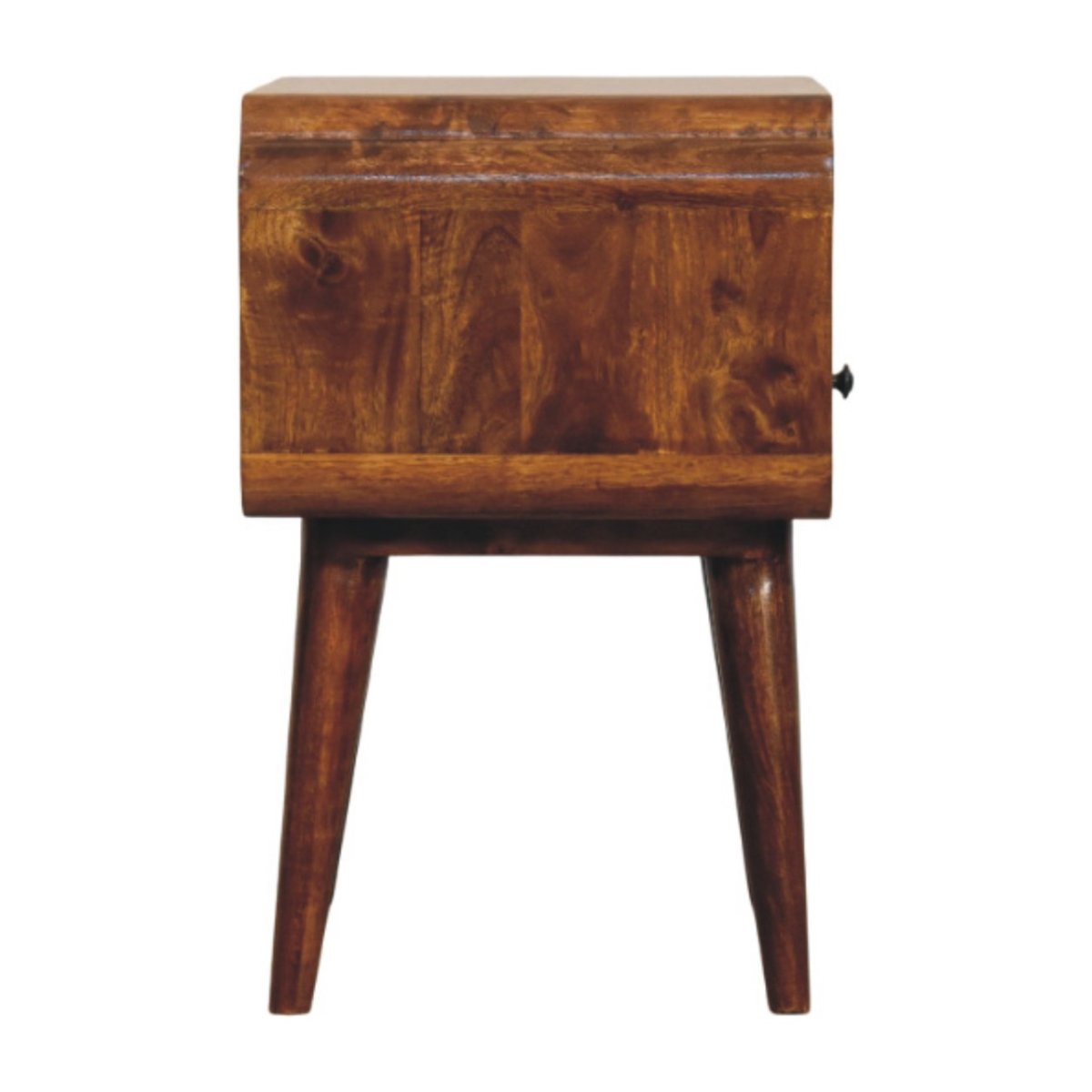 Comodino in Mango Massello Finitura Castagno con Cassetto, Ripiano e Pomolo in Ottone Reale
