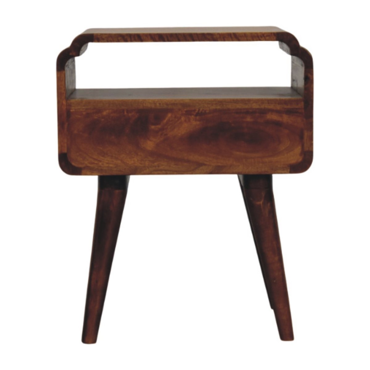 Comodino in Mango Massello Finitura Castagno con Cassetto, Ripiano e Pomolo in Ottone Reale
