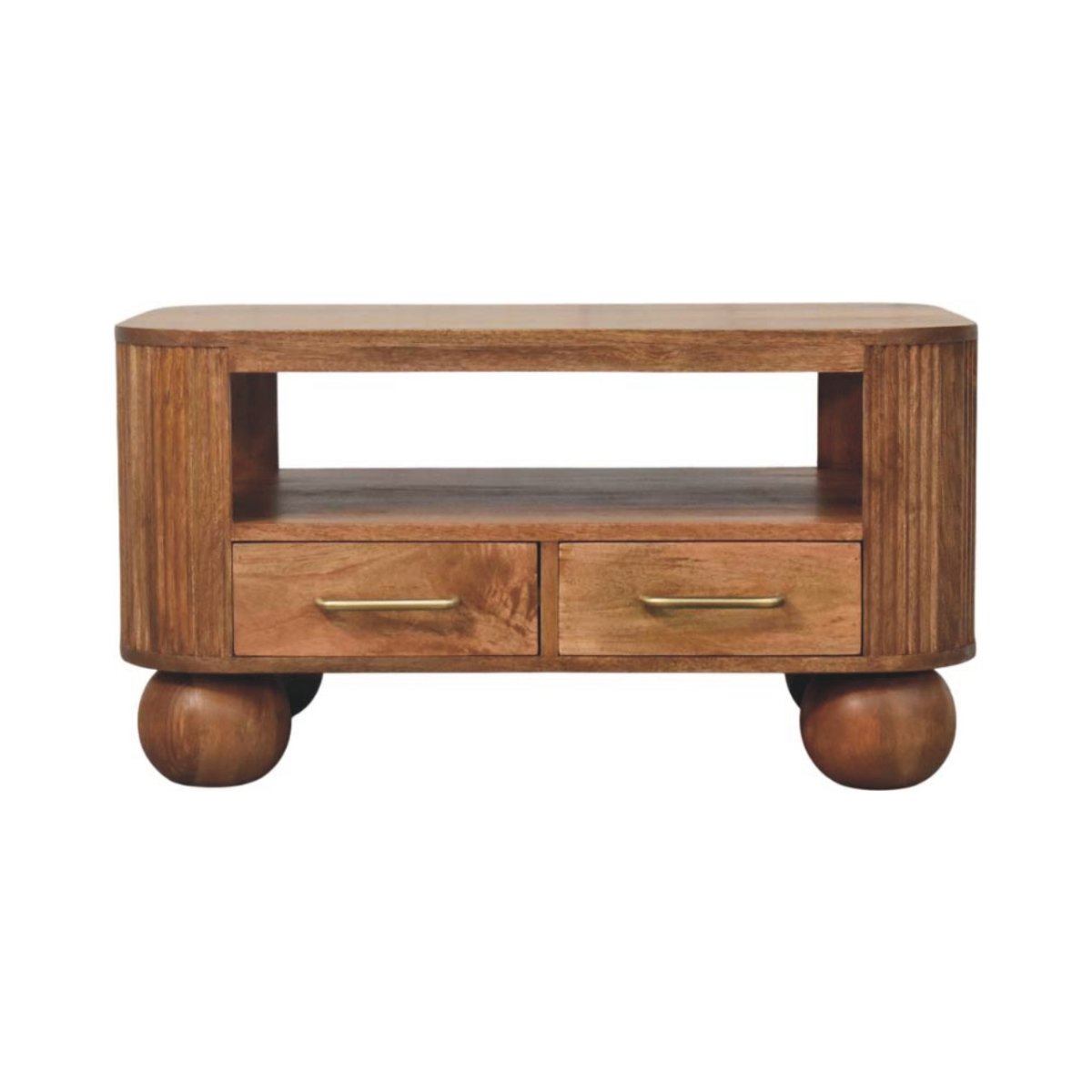 Tavolino da Salotto in Mango Massello Golden Teak con Fianchi Scanalati e Piedi a Sfera