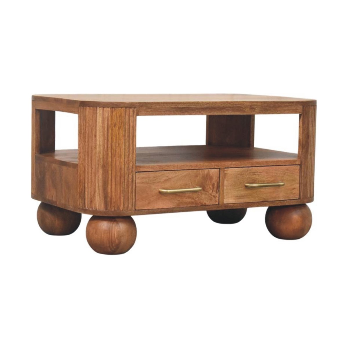 Tavolino da Salotto in Mango Massello Golden Teak con Fianchi Scanalati e Piedi a Sfera