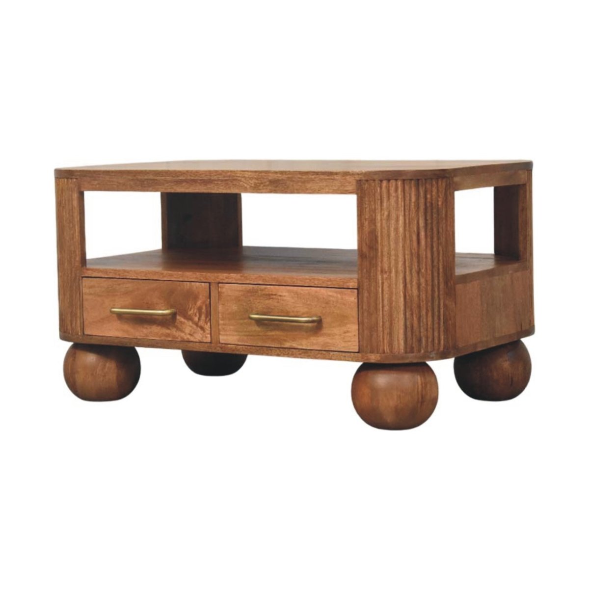 Tavolino da Salotto in Mango Massello Golden Teak con Fianchi Scanalati e Piedi a Sfera