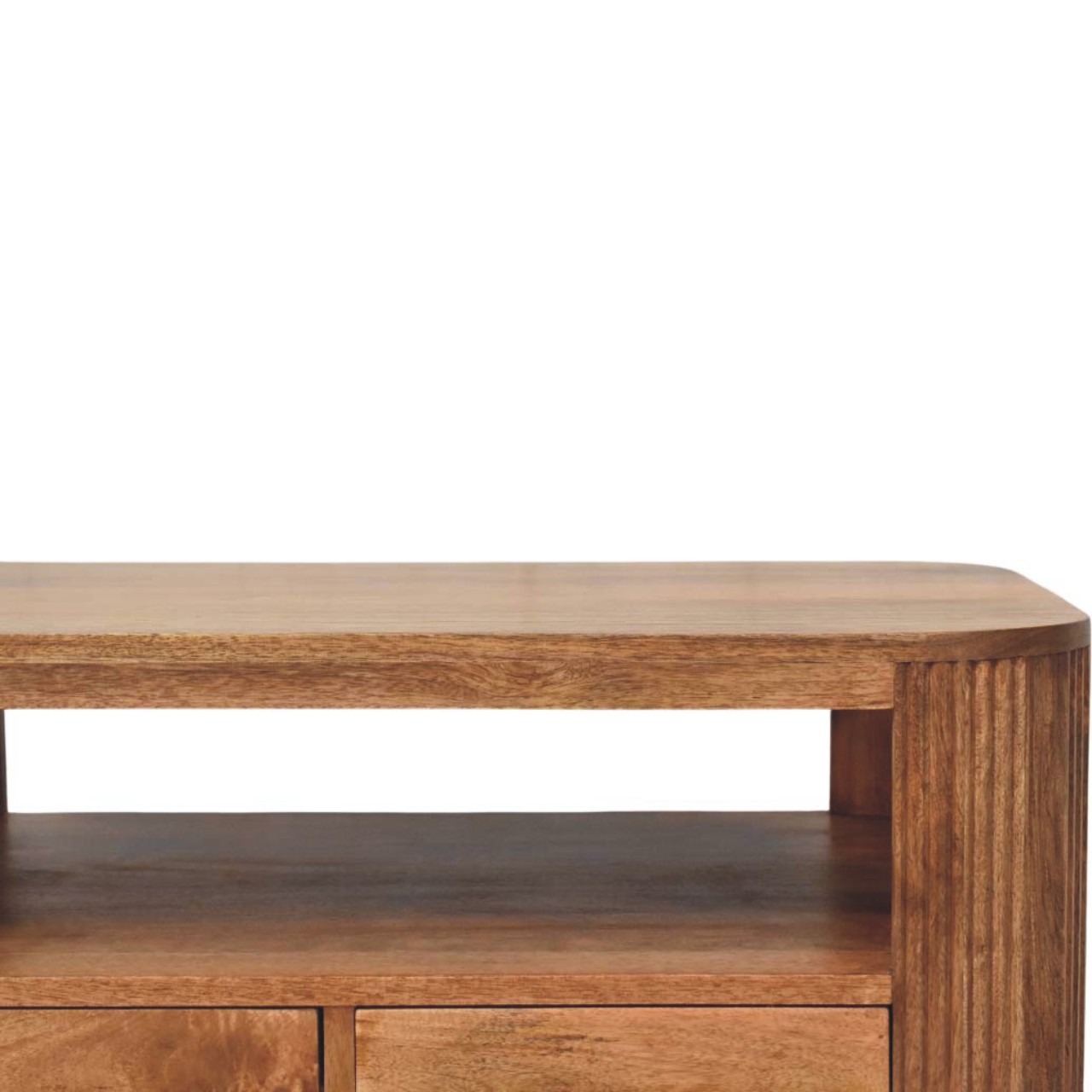 Tavolino da Salotto in Mango Massello Golden Teak con Fianchi Scanalati e Piedi a Sfera