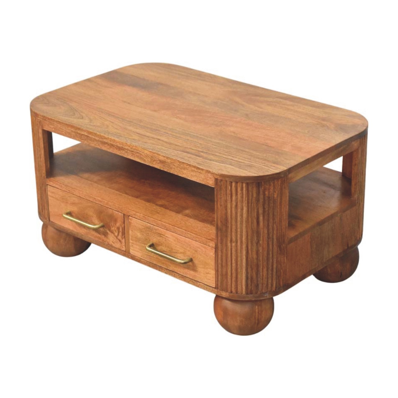 Tavolino da Salotto in Mango Massello Golden Teak con Fianchi Scanalati e Piedi a Sfera