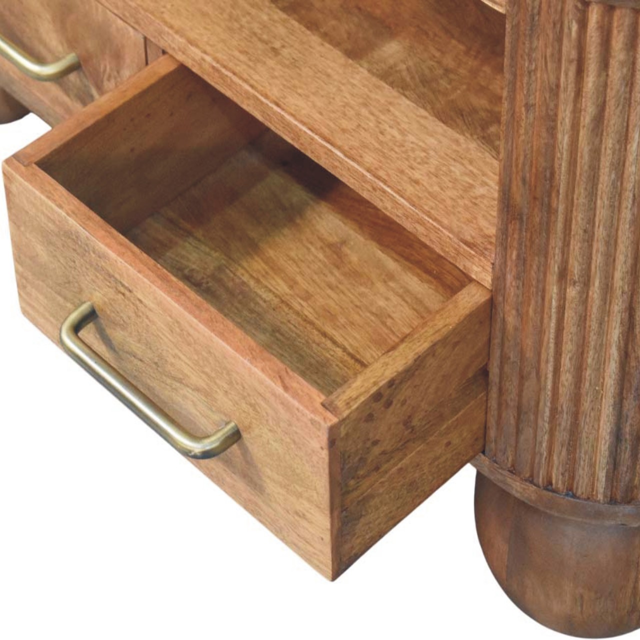 Tavolino da Salotto in Mango Massello Golden Teak con Fianchi Scanalati e Piedi a Sfera