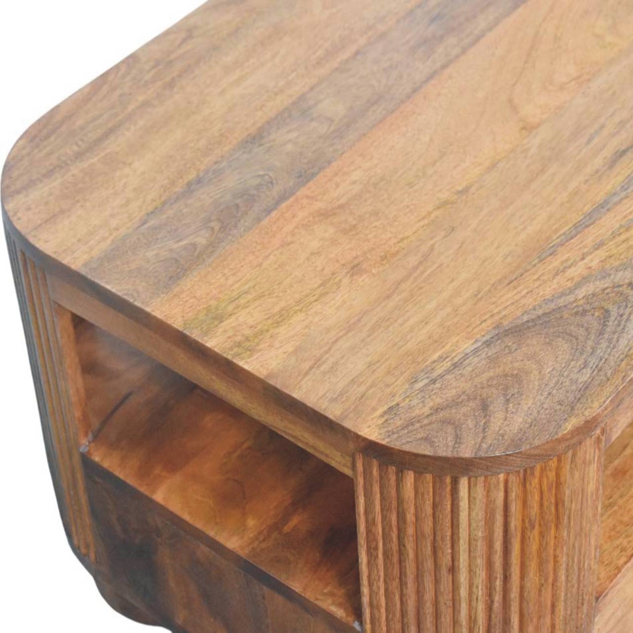 Tavolino da Salotto in Mango Massello Golden Teak con Fianchi Scanalati e Piedi a Sfera