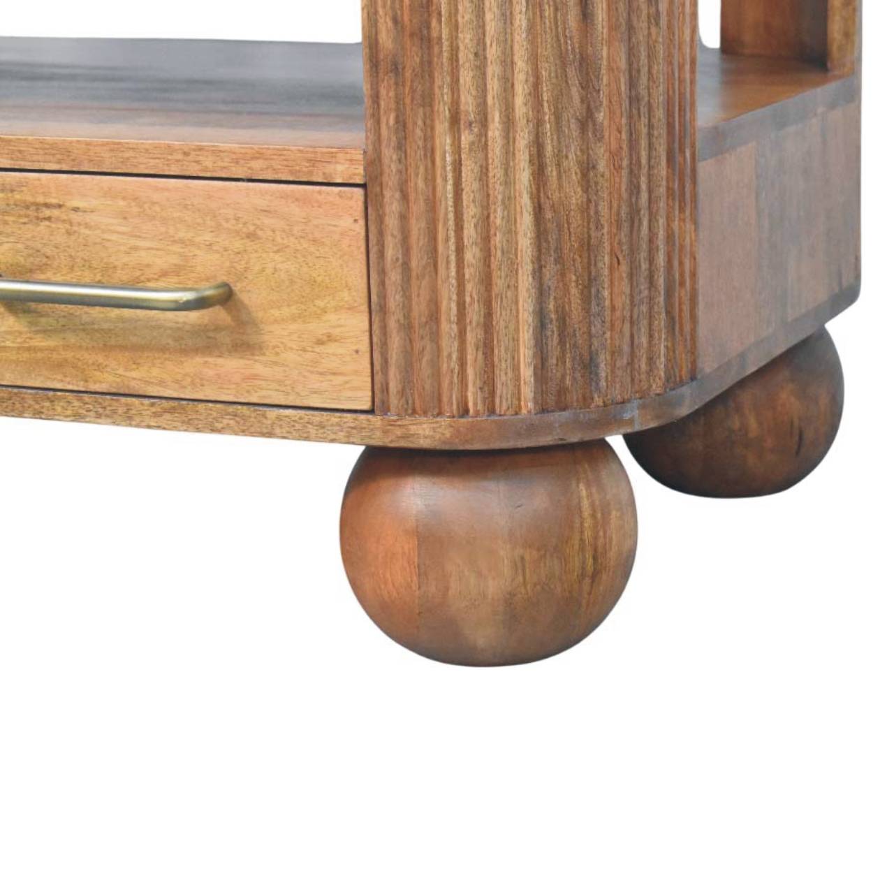 Tavolino da Salotto in Mango Massello Golden Teak con Fianchi Scanalati e Piedi a Sfera