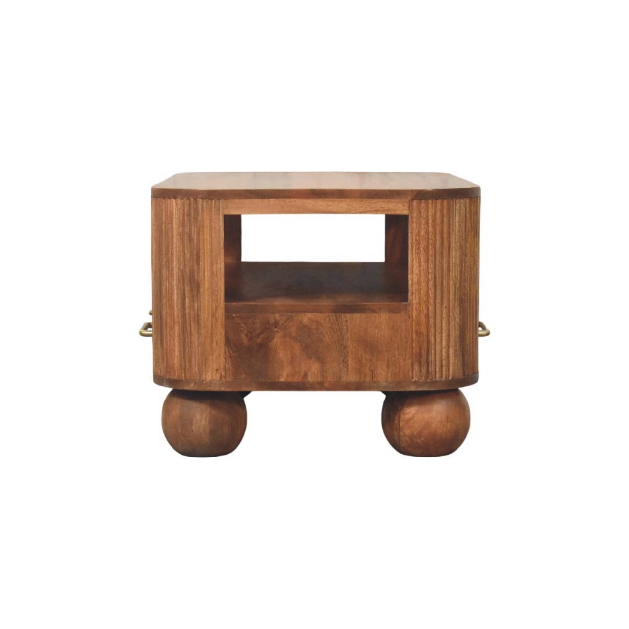 Tavolino da Salotto in Mango Massello Golden Teak con Fianchi Scanalati e Piedi a Sfera