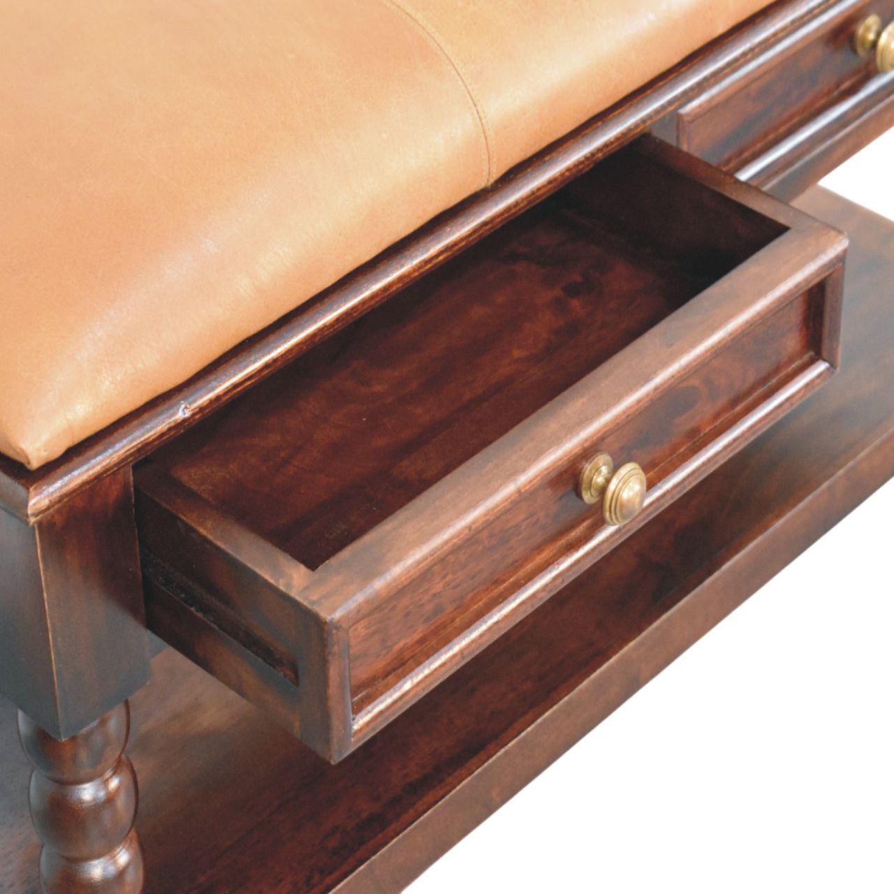 Panca Spindle in legno di mango e pelle, finitura Winewood