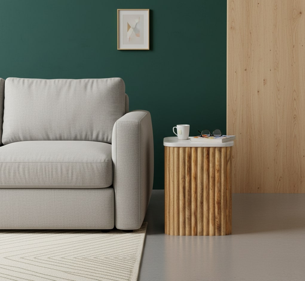 Tavolino in Mango Massello Oak-ish con Piano in Marmo e Gambe Scanalate