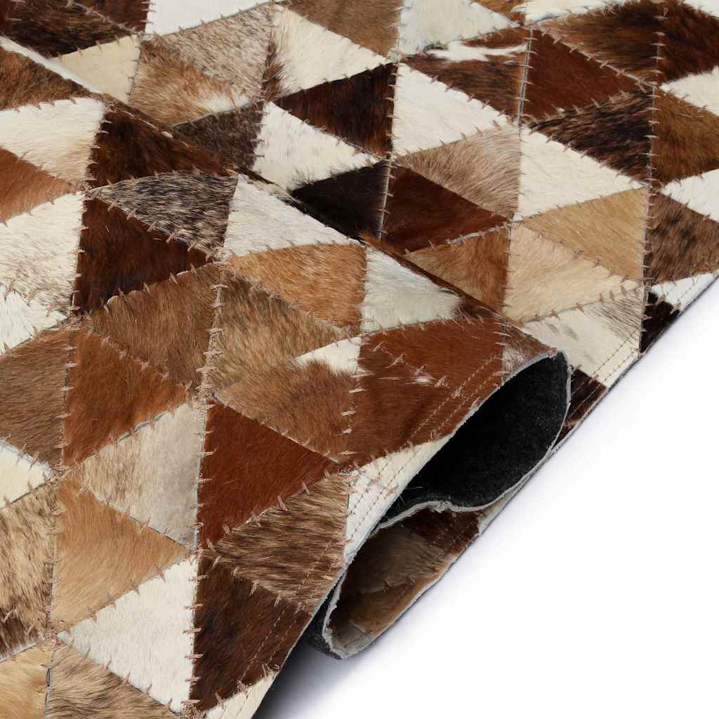 Tappeto Patchwork Pelle Vera 80x150 cm Triangoli Marrone/Bianco
