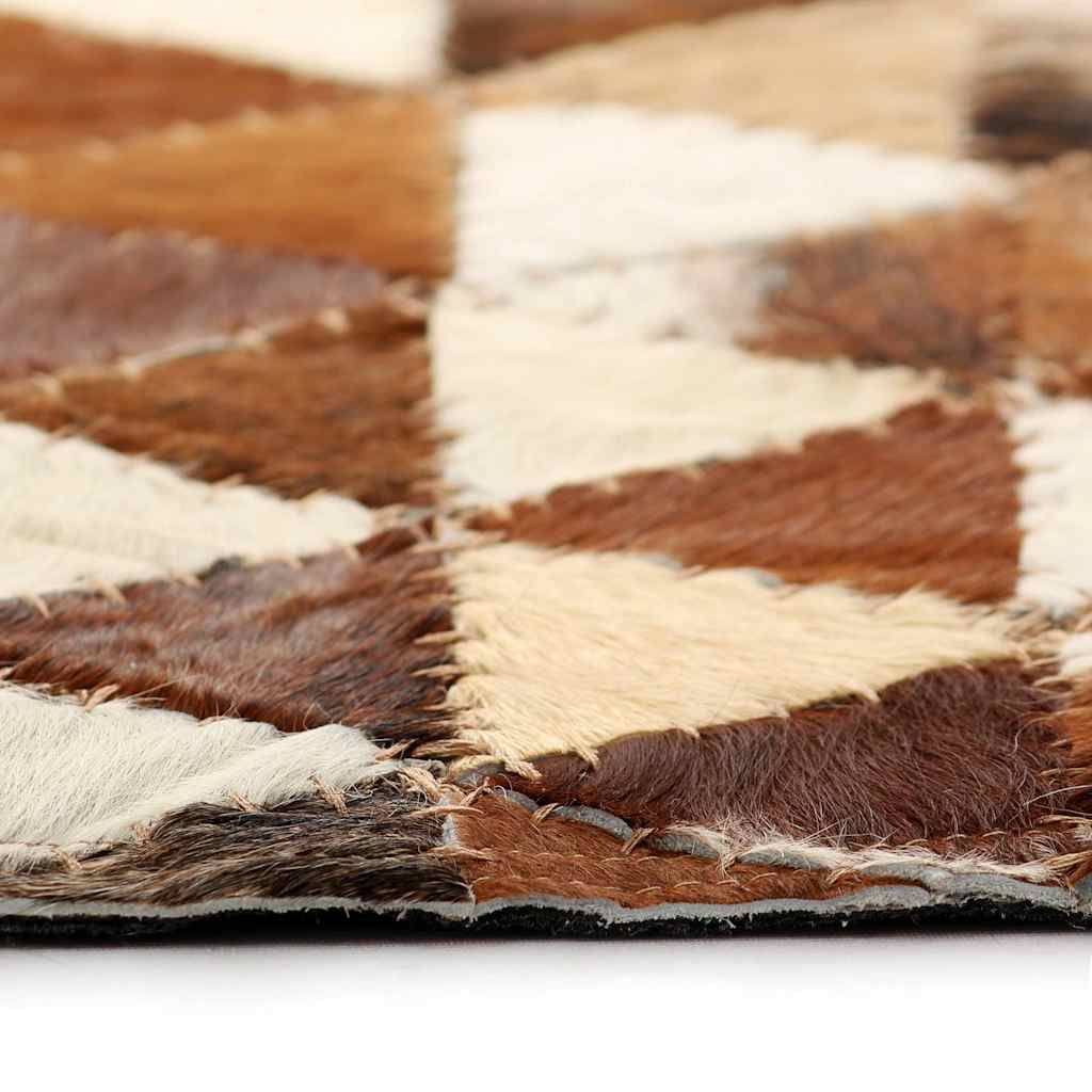 Tappeto Patchwork Pelle Vera 80x150 cm Triangoli Marrone/Bianco