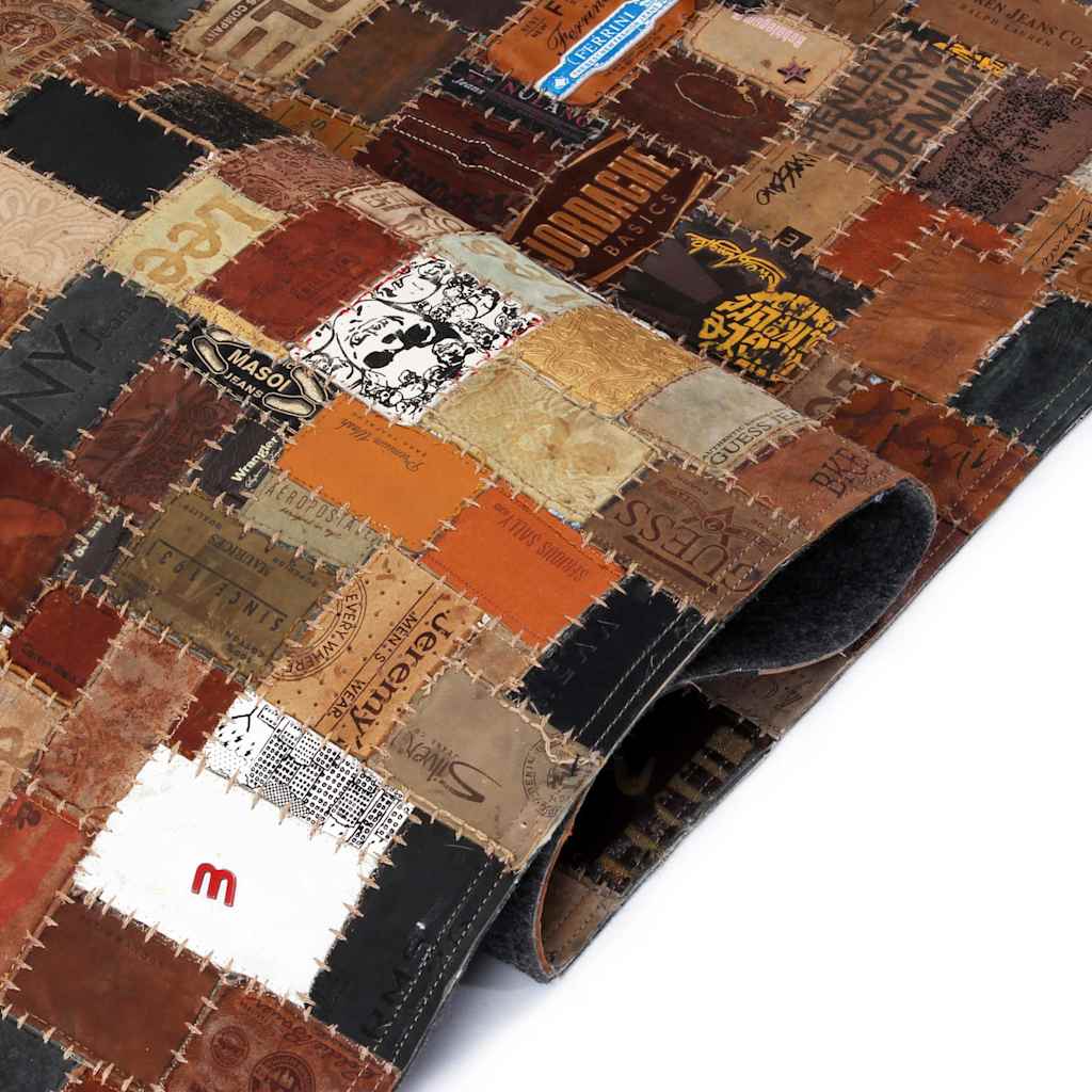 Tappeto Patchwork Etichette Jeans in Pelle 160x230 cm Marrone