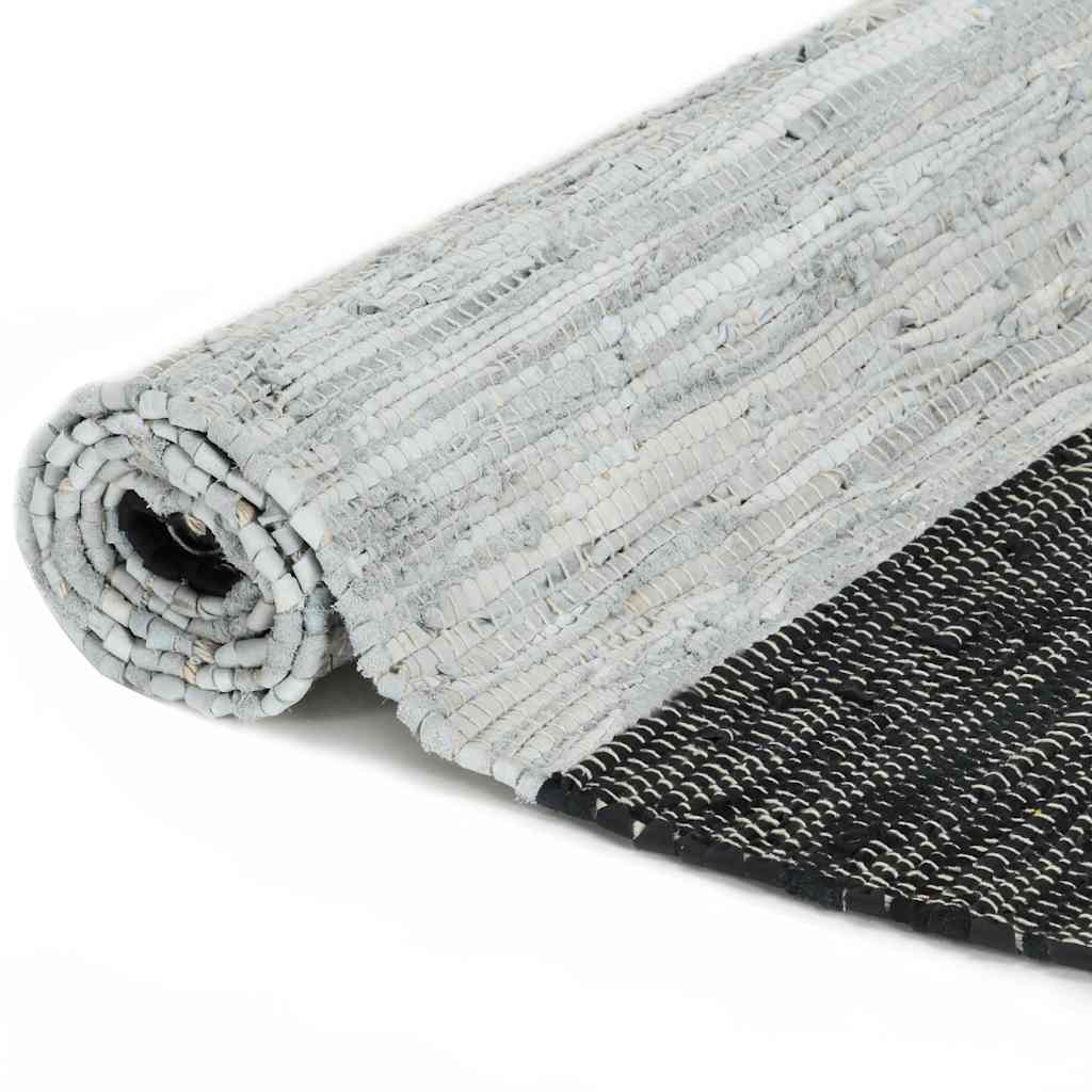 Tappeto Chindi Artigianale Pelle 160x230cm Grigio Chiaro e Nero