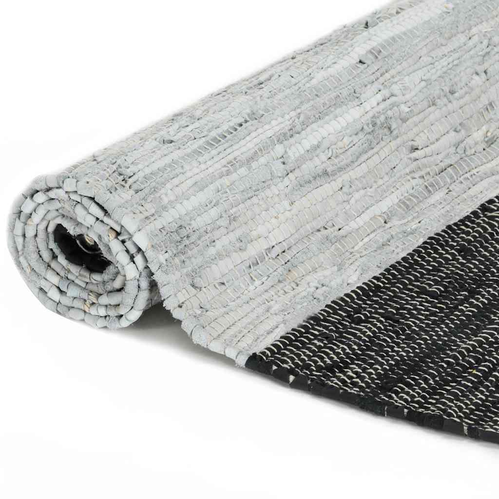 Tappeto Chindi Artigianale Pelle 190x280cm Grigio Chiaro e Nero