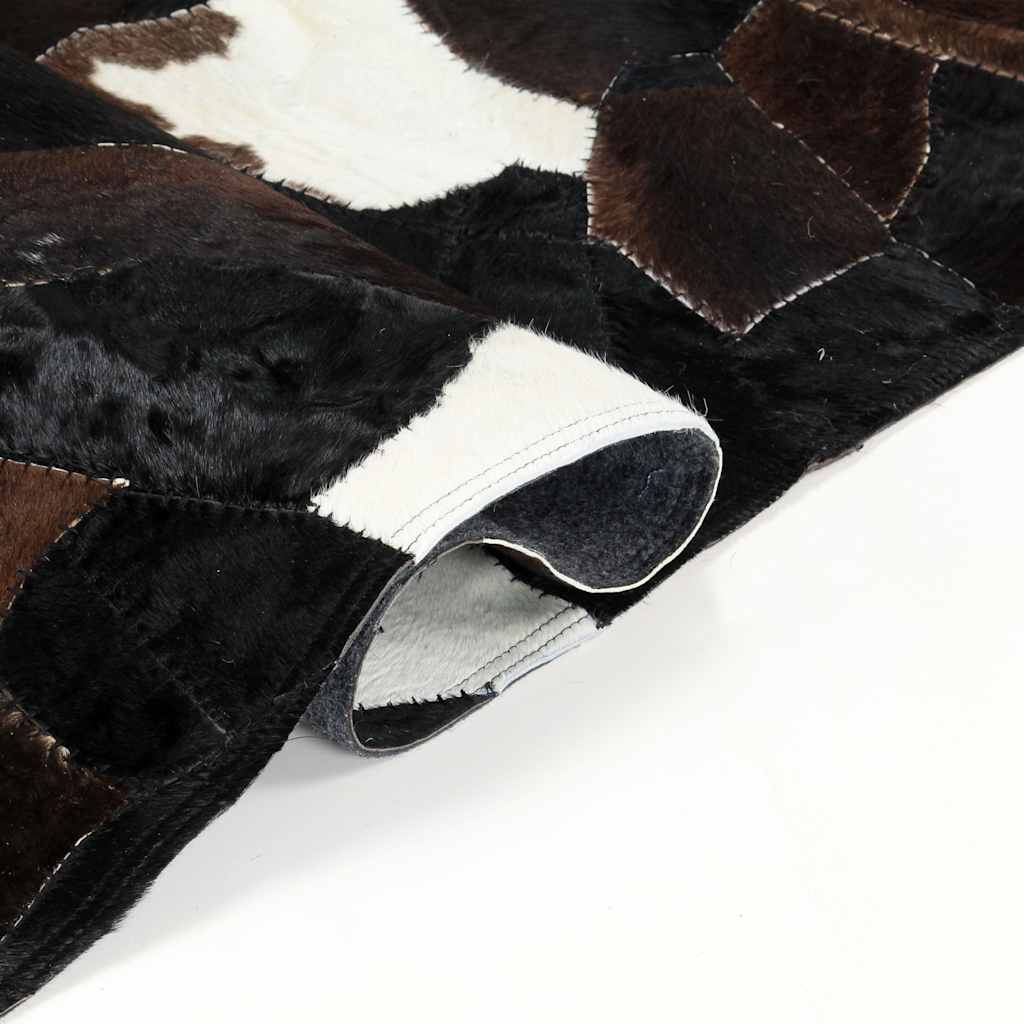 Tappeto Pelle con Pelo Patchwork 120x170cm Nero/Bianco/Marrone