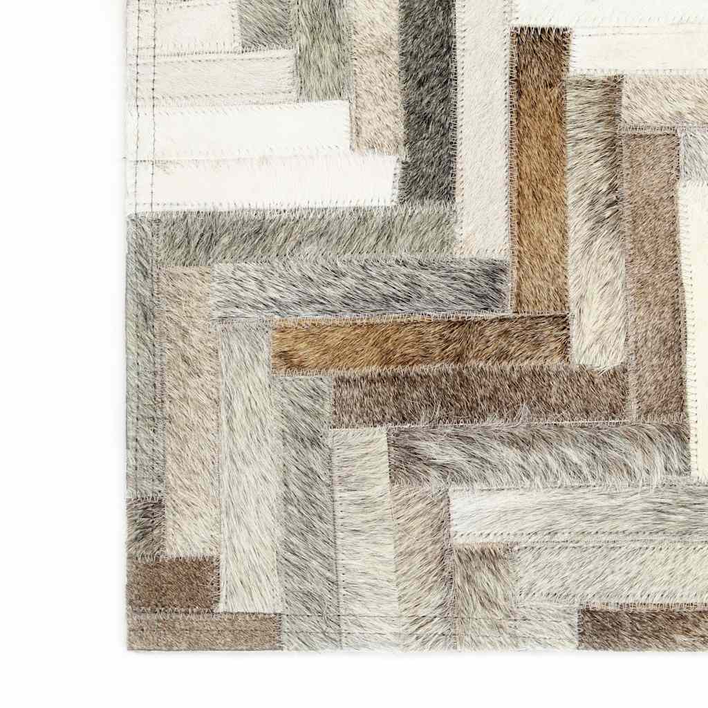 Tappeto in Pelle con Pelo Patchwork 80x150cm Grigio/Bianco