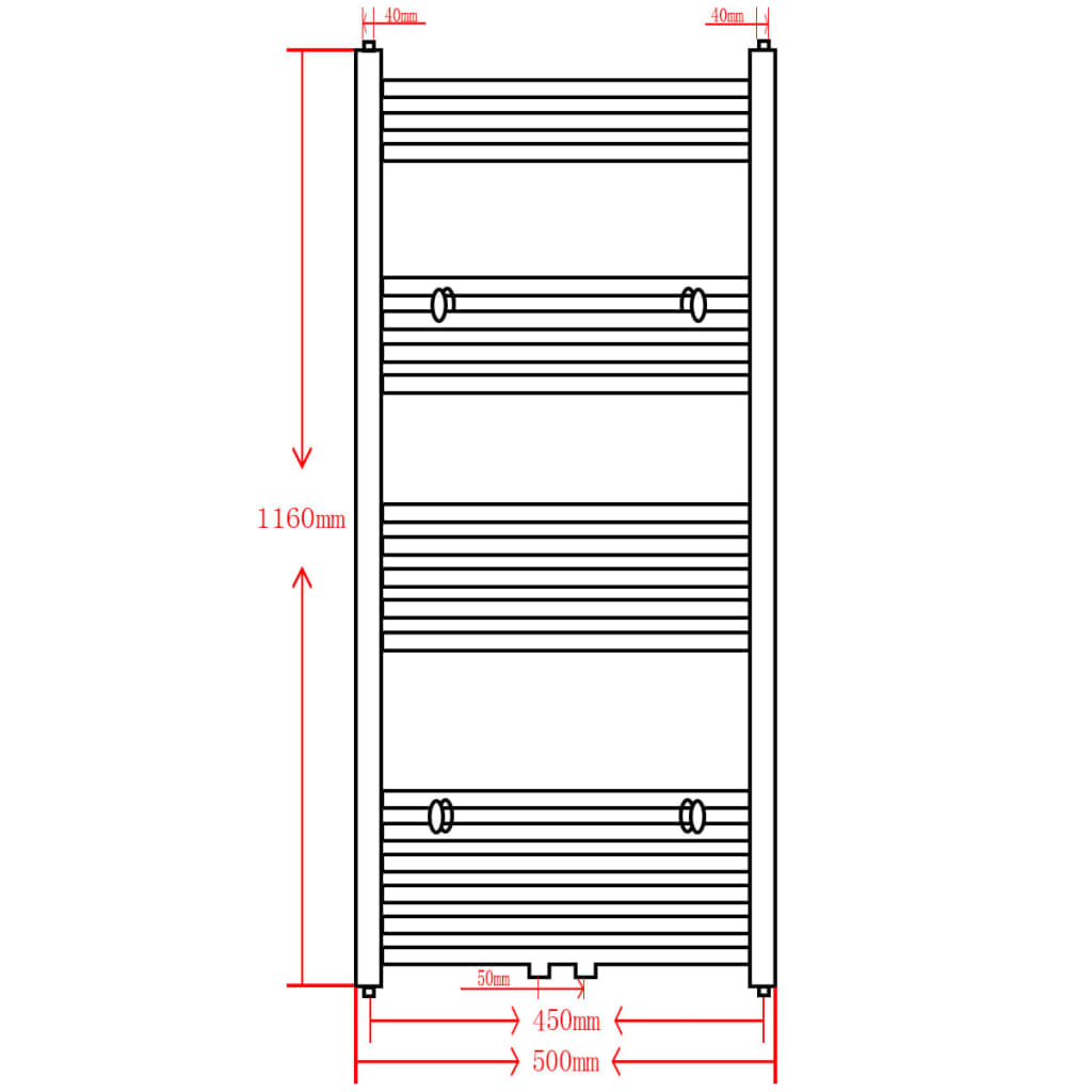 Radiatore Centrale Portasciugamano Dritto Nero 500 x 1160 mm