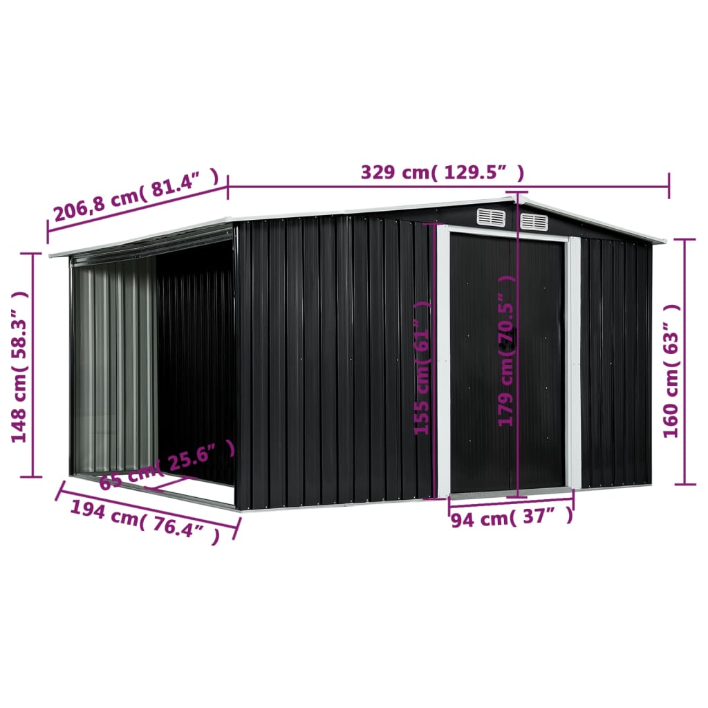 Capanno con Porte Scorrevoli Antracite 329,5x205x178 cm Acciaio
