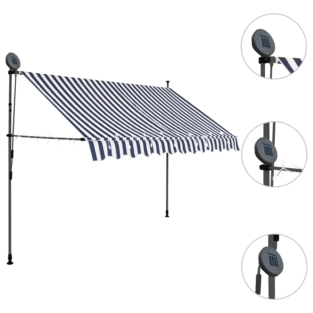 Tenda da Sole Retrattile Manuale con LED 300 cm Blu e Bianca