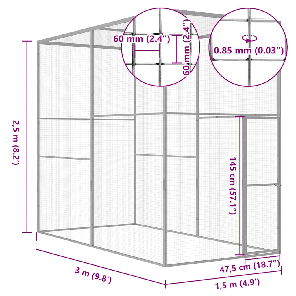 Gabbia per Gatti 3x1,5x2,5 m in Acciaio Zincato