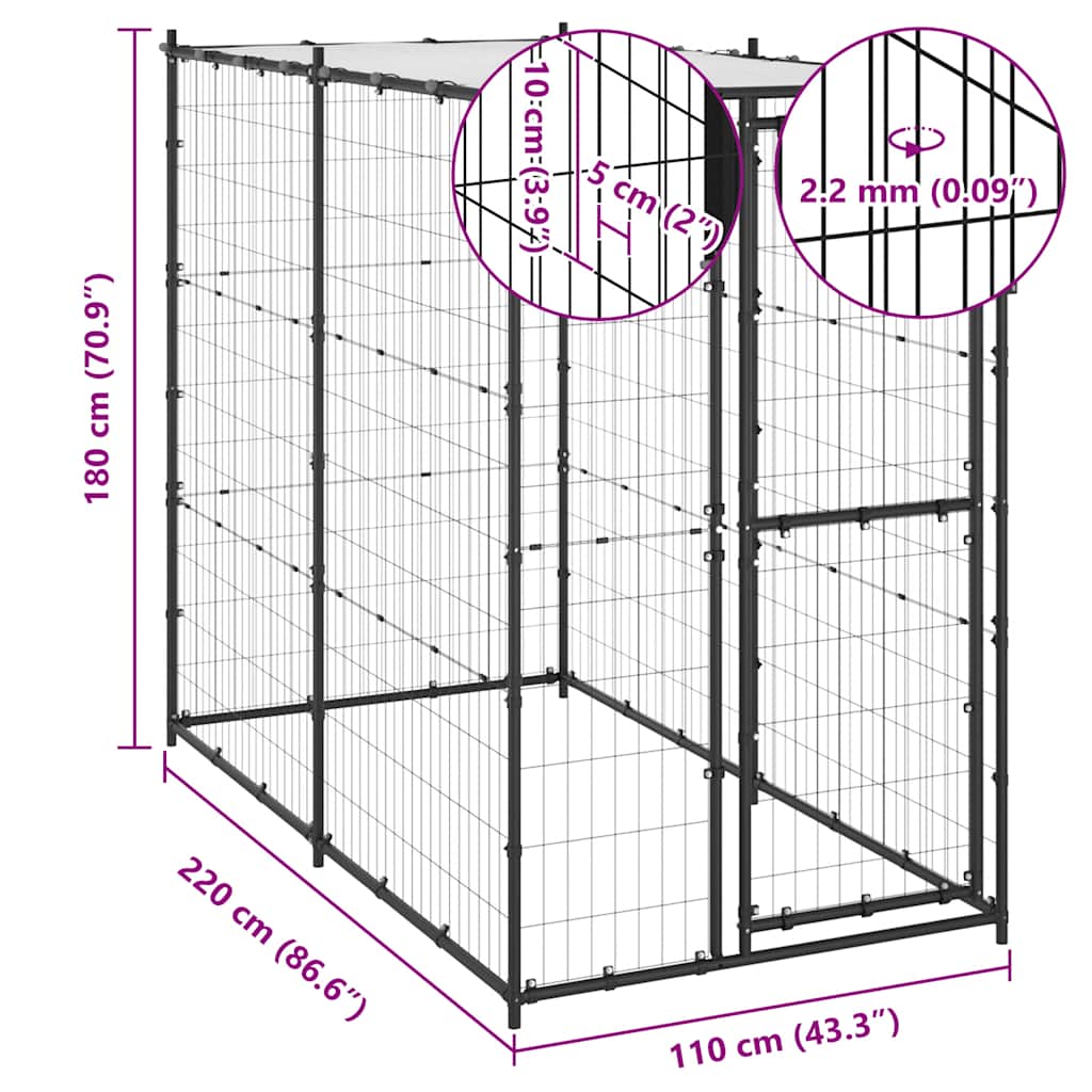 Gabbia per Cani da Esterno in Acciaio con Tetto 110x220x180 cm