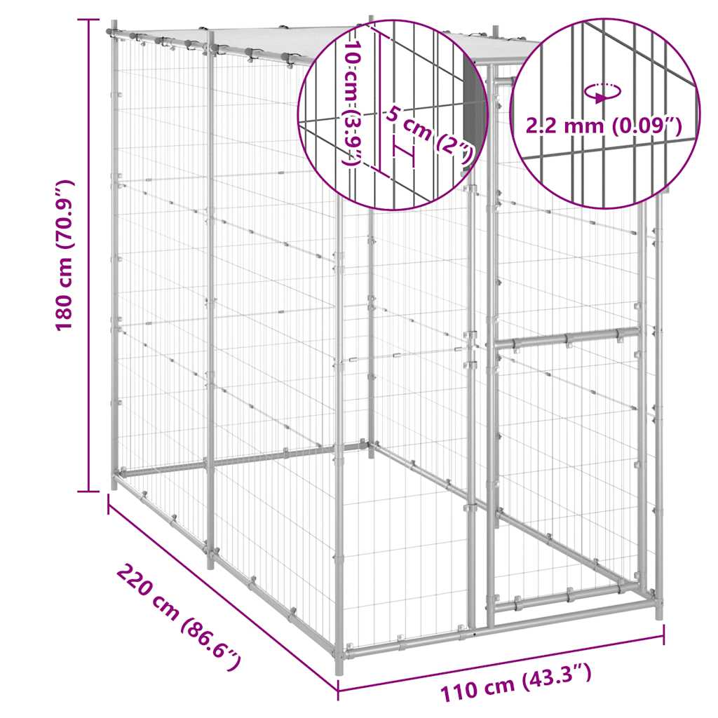 Gabbia per Cani da Esterno in Acciaio con Tetto 110x220x180 cm