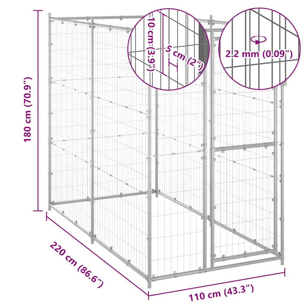 Gabbia per Cani da Esterno in Acciaio Zincato 110x220x180 cm