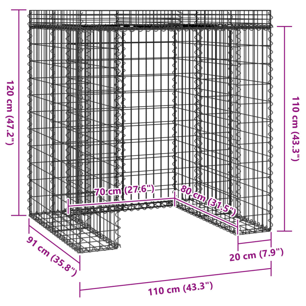 Parete Gabbioni Bidone Spazzatura 110x91x120 cm Ferro Zincato