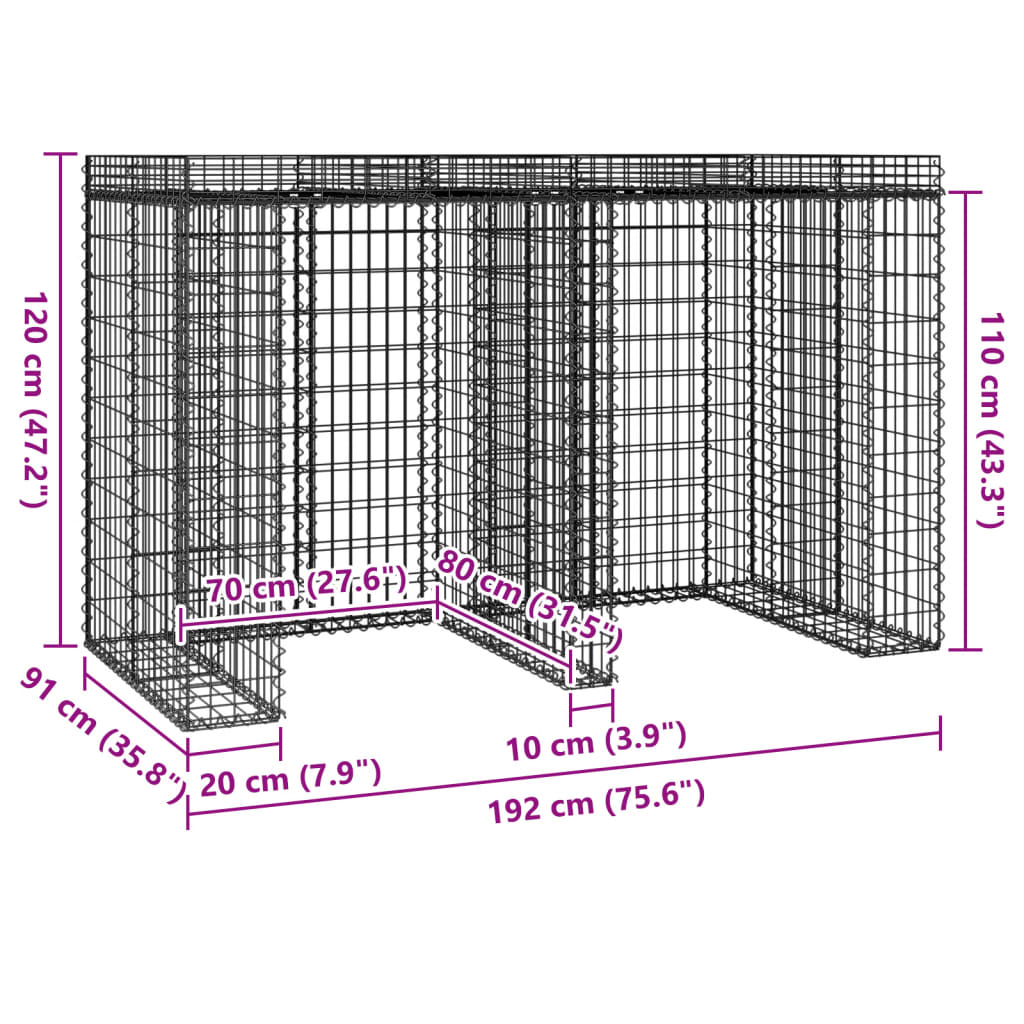 Parete Gabbioni Bidone Spazzatura 192x91x120 cm Ferro Zincato