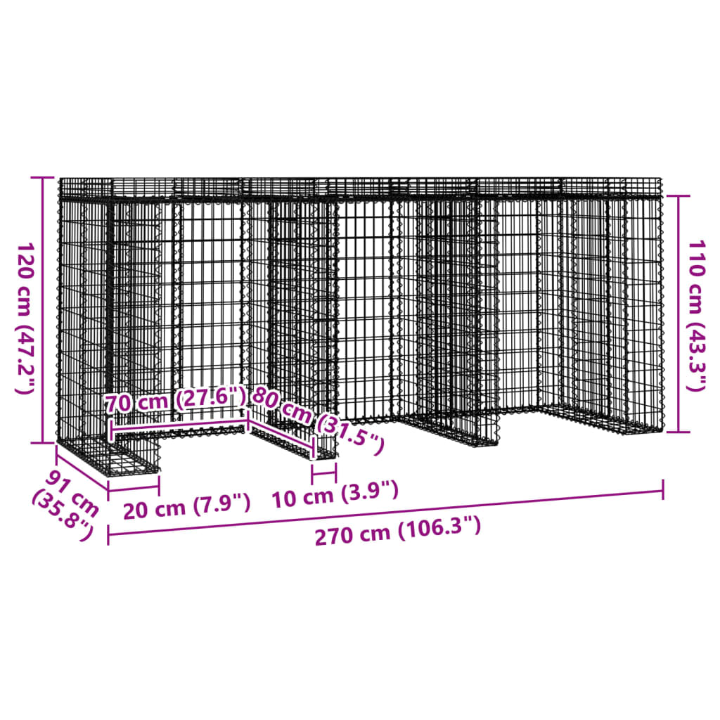 Parete Gabbioni Bidone Spazzatura 270x91x120 cm Ferro Zincato