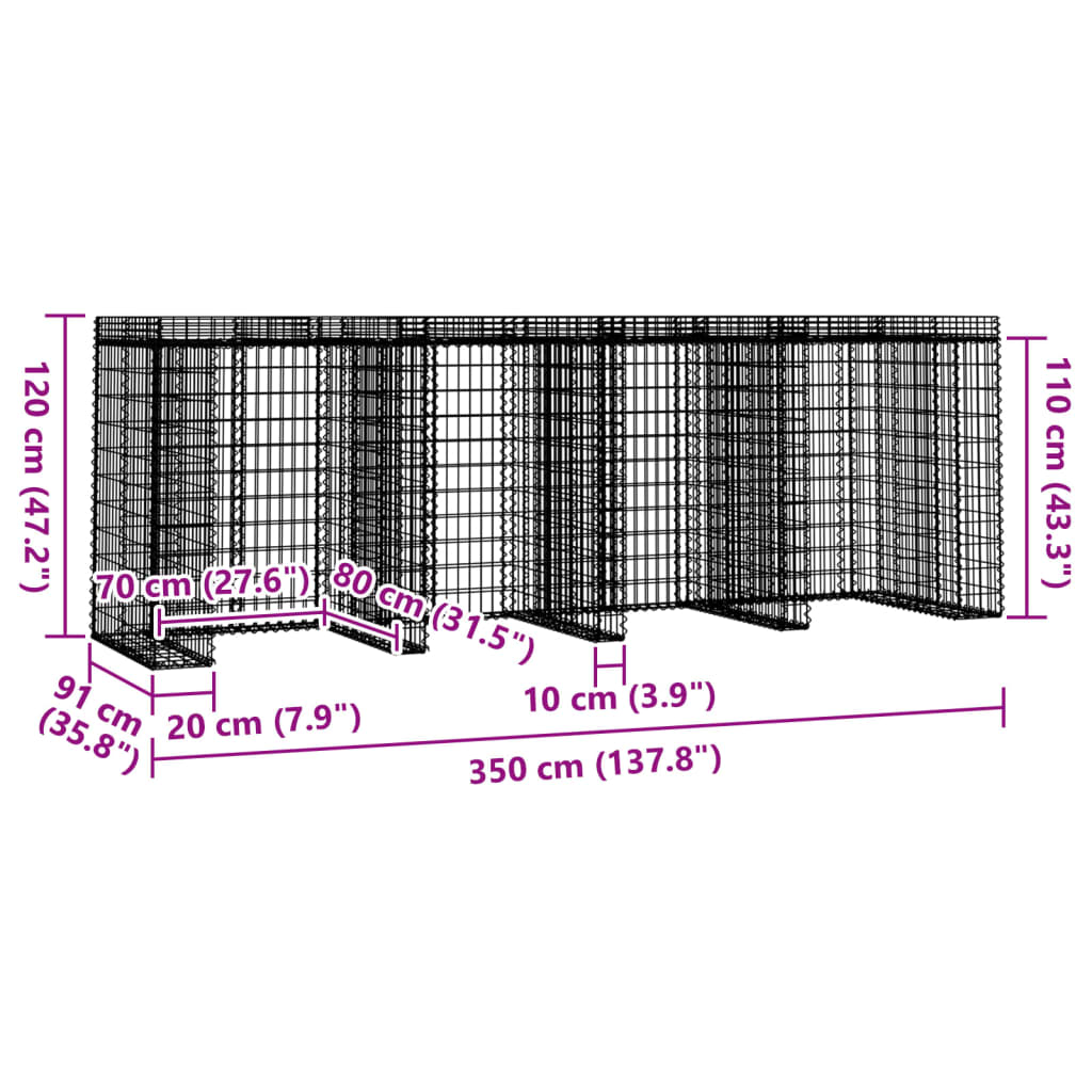 Parete Gabbioni Bidone Spazzatura 350x91x120 cm Ferro Zincato