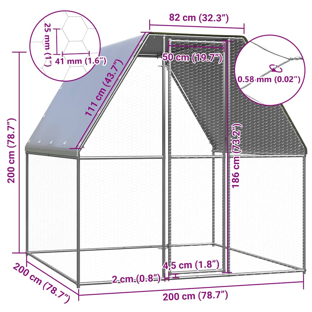 Gabbia per Polli Argento e Grigio 2x2x2 m in Acciaio Zincato