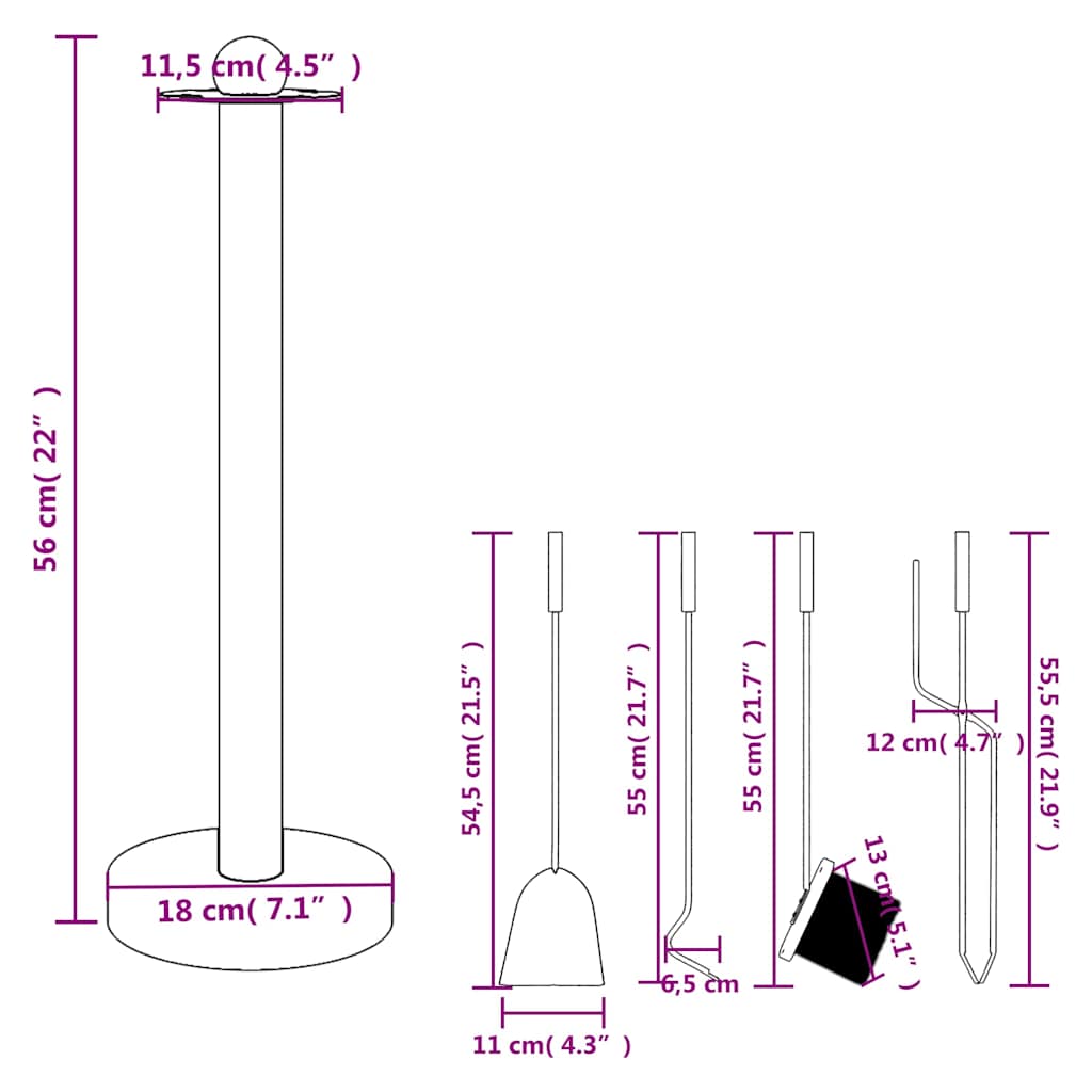 Set di attrezzi per camino 5 pezzi 18x56 cm in acciaio